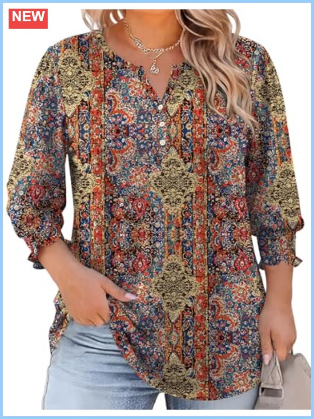 Plus Size 3/4 Sleeve V Neck Tunic Top Flowy Ruffle Cuff Blouse